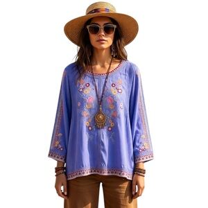 Sorrento Womens Size L Embroidered Tunic Periwinkle Top EUC